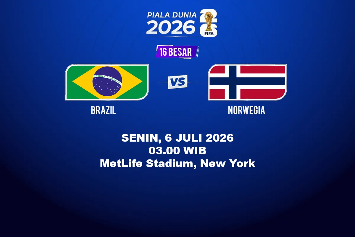 Prediksi Brasil vs Norwegia di 16 Besar Piala Dunia 2026 mengulas duel Vinicius Junior dan Erling Haaland lengkap dengan prediksi skor serta jadwal laga.